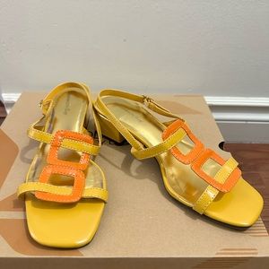 Mustard & Orange Sandles With Gold Accent, 2 Inch Heel, Buckle Side, 9 M…